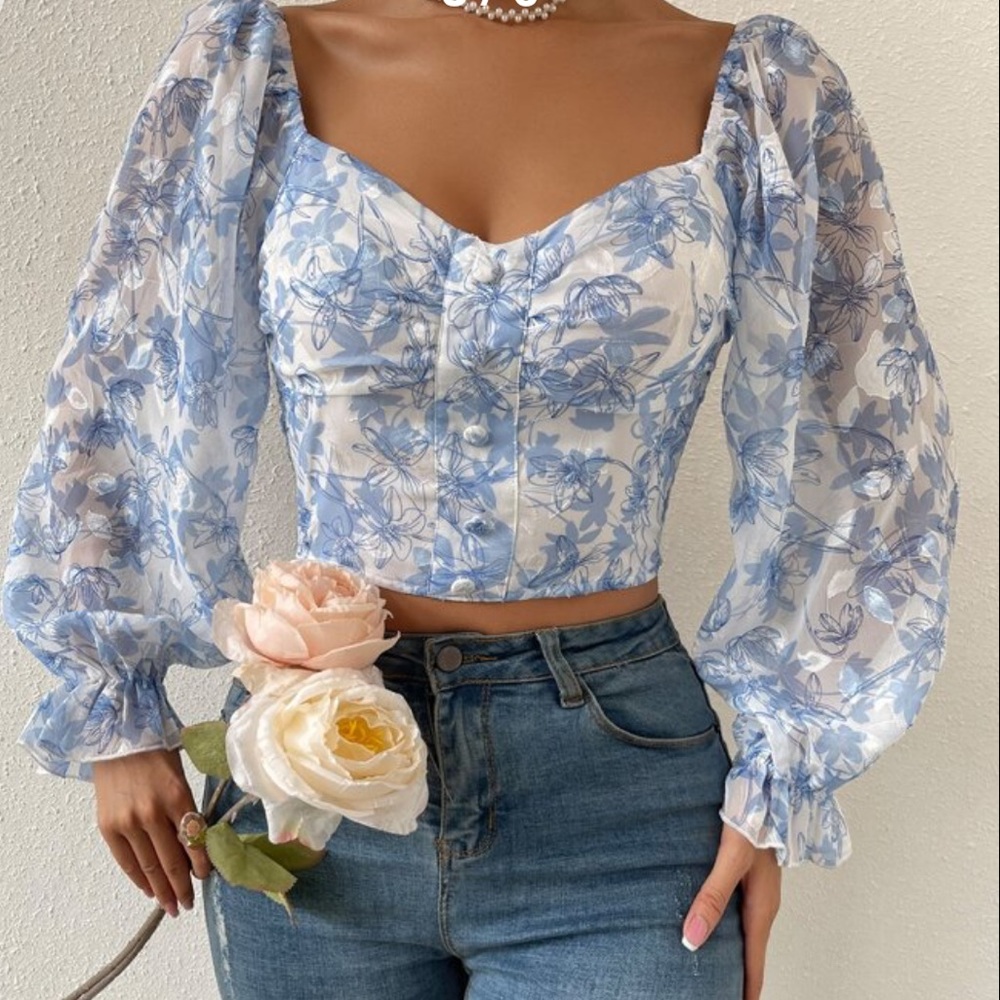 Women's Floral Print Flounce Sleeve Ruched Crop Blouse